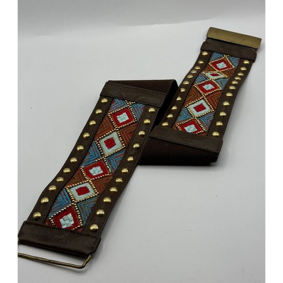 Hyde Collection Wide Beaded Aztec Brown Leather & Elastic Waist Belt Size Medium